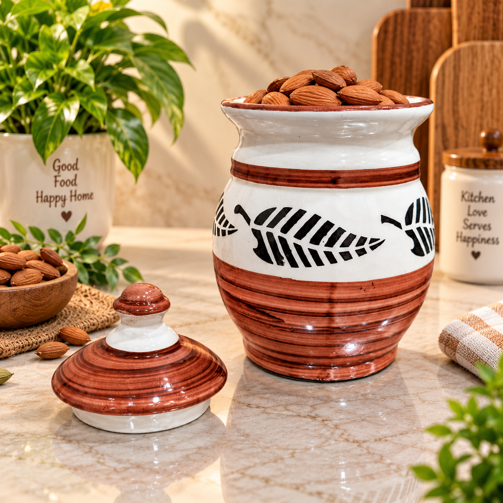 Barniwala 1000 ML Ceramic Bulb Storage Jar with Lid | Large Decorative Kitchen Container for Pickle, Achar, Spices, Sugar, Tea, Coffee, Dry Fruits & Snacks | Stylish Food Storage Canister
