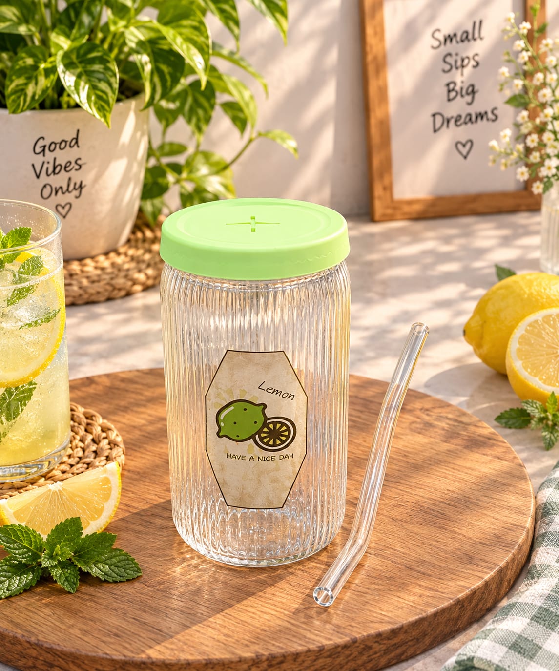 Glass Sipper with Straw, Transparent Ribbed Glass Water Bottle with Green Lid | Reusable Drinking Cup for Juice, Water, Lemonade, Cold Coffee & Beverages | Stylish Home, Office & Travel Drinkware