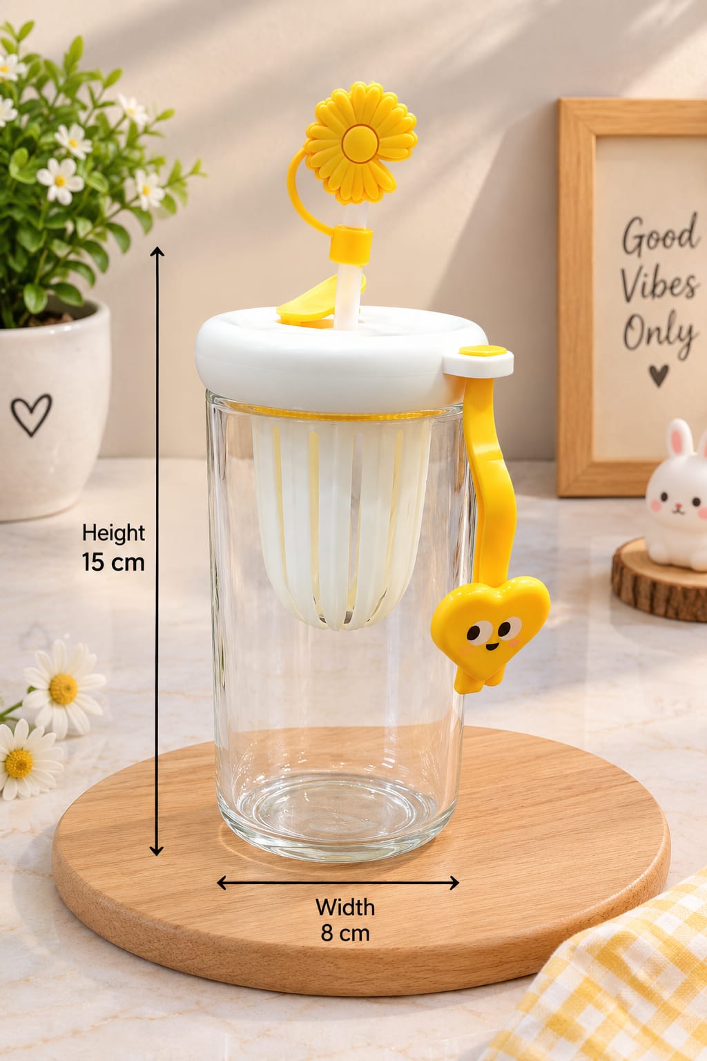 Lemon Cold Extraction Cup Pack of 1 | Glass Infuser Drinking Cup with Lemon & Mint Infuser, Lid, Straw & Handle | Fruit Infusion Water Bottle for Juice, Detox Water & Cold Beverages