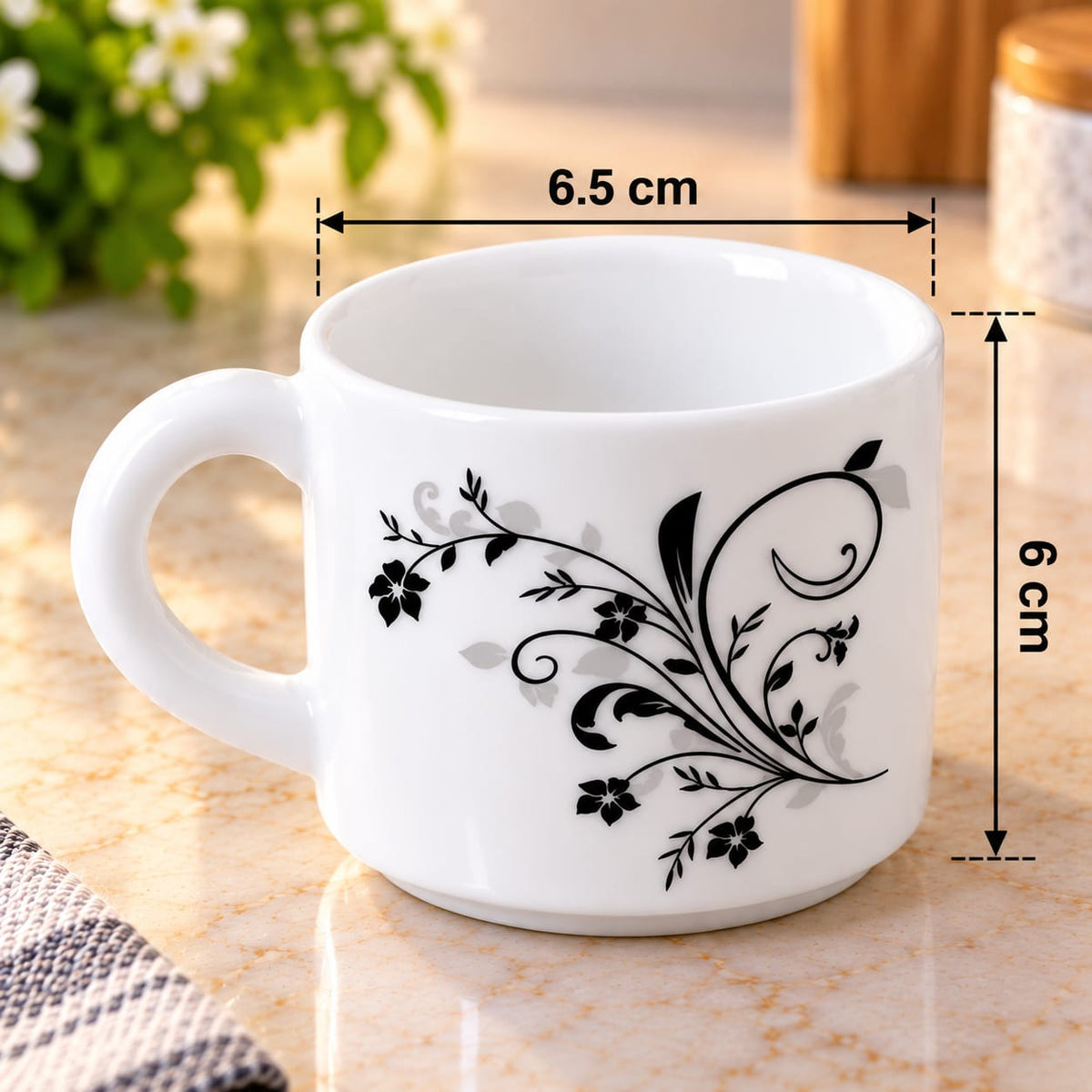 CELLO Roma Black Swirl Cups Set of 6, 140 ML Each | Elegant Printed Tea & Coffee Cups | Stylish Ceramic Cups for Home, Office & Gifting