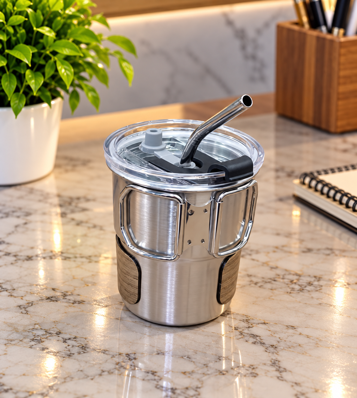 Steel Coffee Cup with Handle, Stainless Steel Coffee Mug with Lid & Straw | Reusable Hot & Cold Beverage Cup for Coffee, Tea, Milk, Juice, Office, Home & Travel