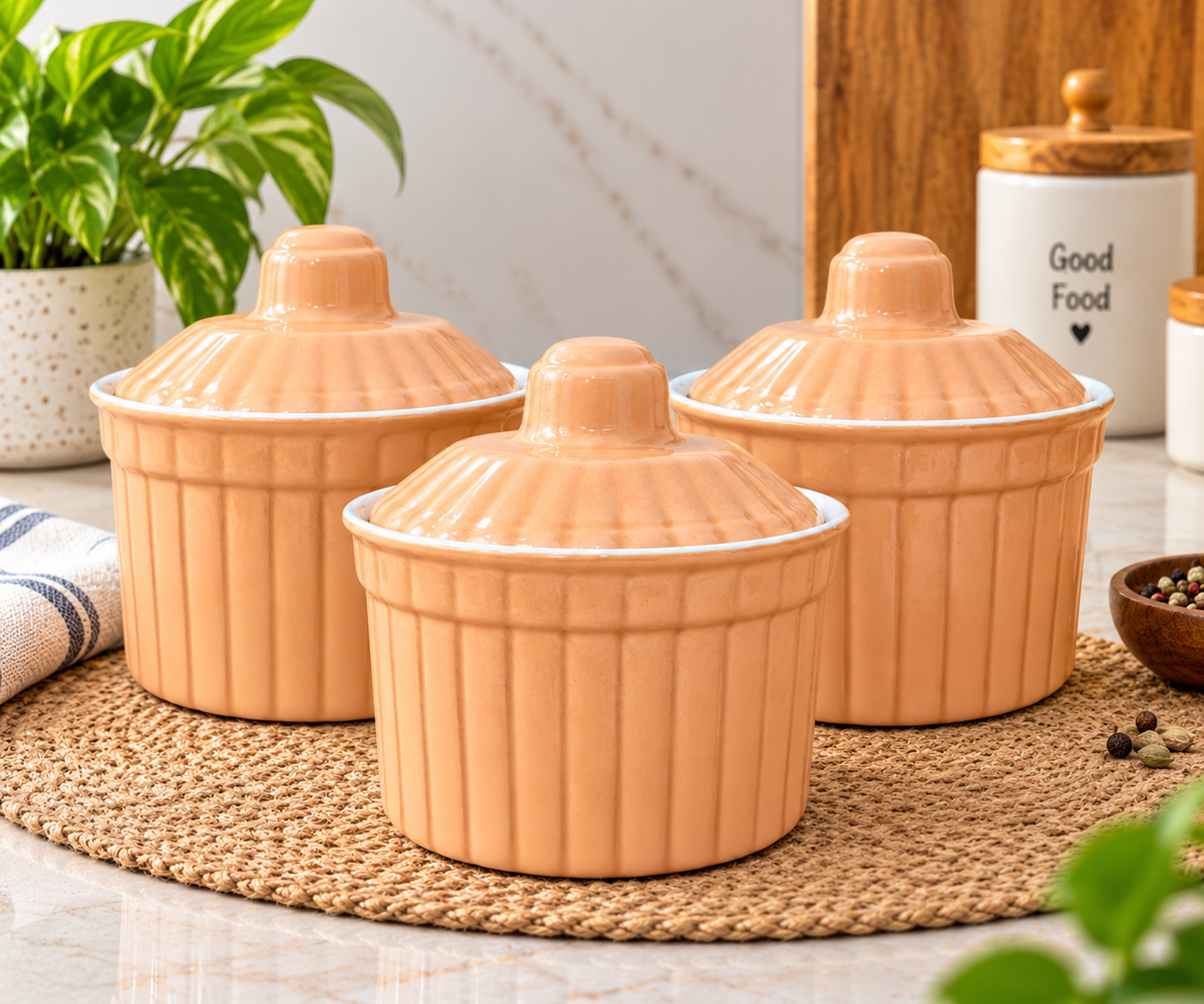 250 ML Ceramic Butter Pot with Lid | Multipurpose Kitchen Storage Container | Butter, Ghee & Condiment Holder | Decorative Ceramic Food Storage Jar | Pack of 3
