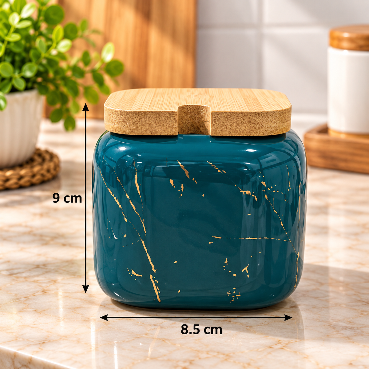 Barniwala Green Ceramic Spice Jar Set of 3 with Bamboo Lids & Serving Spoons | Premium Kitchen Masala Storage Containers | Stylish Spice Jars for Salt, Pepper, Turmeric, Chilli, Herbs & Seasonings