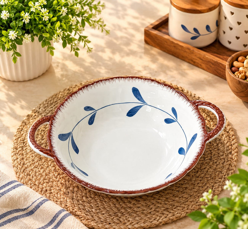 Coral Series Ceramic Bowls & Spoons Set of 9 | Elegant Blue Leaf Pattern Tableware Set | 4 Ceramic Serving Bowls with 4 Spoons & 1 Serving Dish | Breakfast, Snacks, Dessert, Soup & Everyday Dining Set