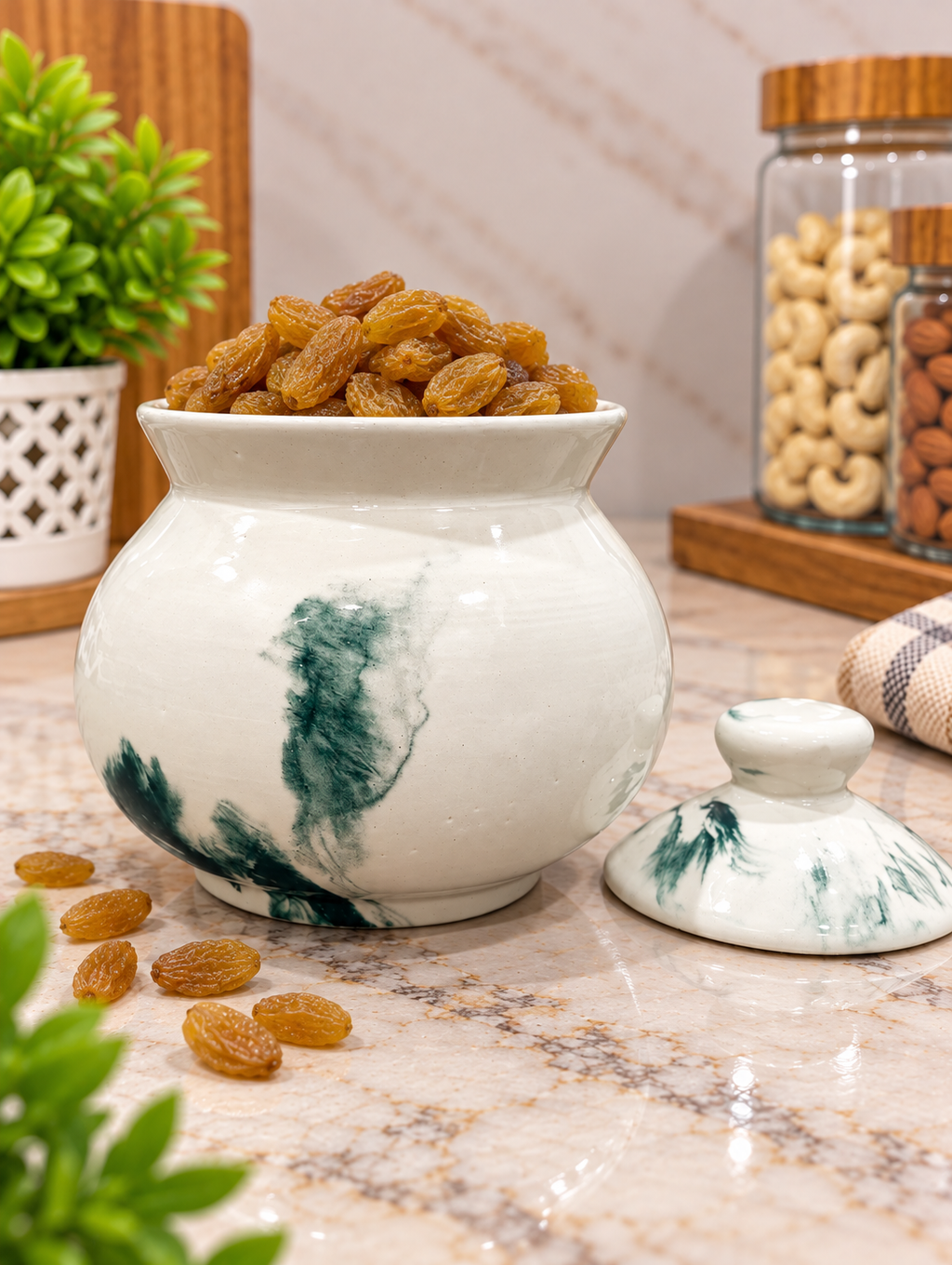 Barniwala 250 ML Ceramic Marble Handi Jar with Lid | Premium Decorative Kitchen Storage Container for Pickle, Achar, Spices, Sugar, Tea, Coffee, Dry Fruits & Snacks | Traditional Handi Style Food Storage Pot