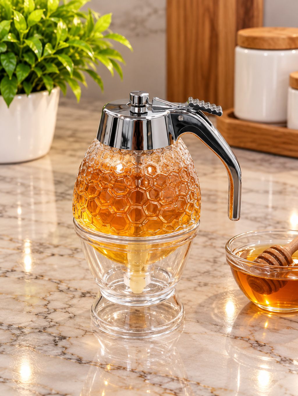 Honey Dispenser with Easy Press Handle, Plastic Honey Pump Dispenser with Honeycomb Design | No-Drip Honey & Syrup Dispenser Bottle for Kitchen, Breakfast, Pancakes, Waffles & Desserts