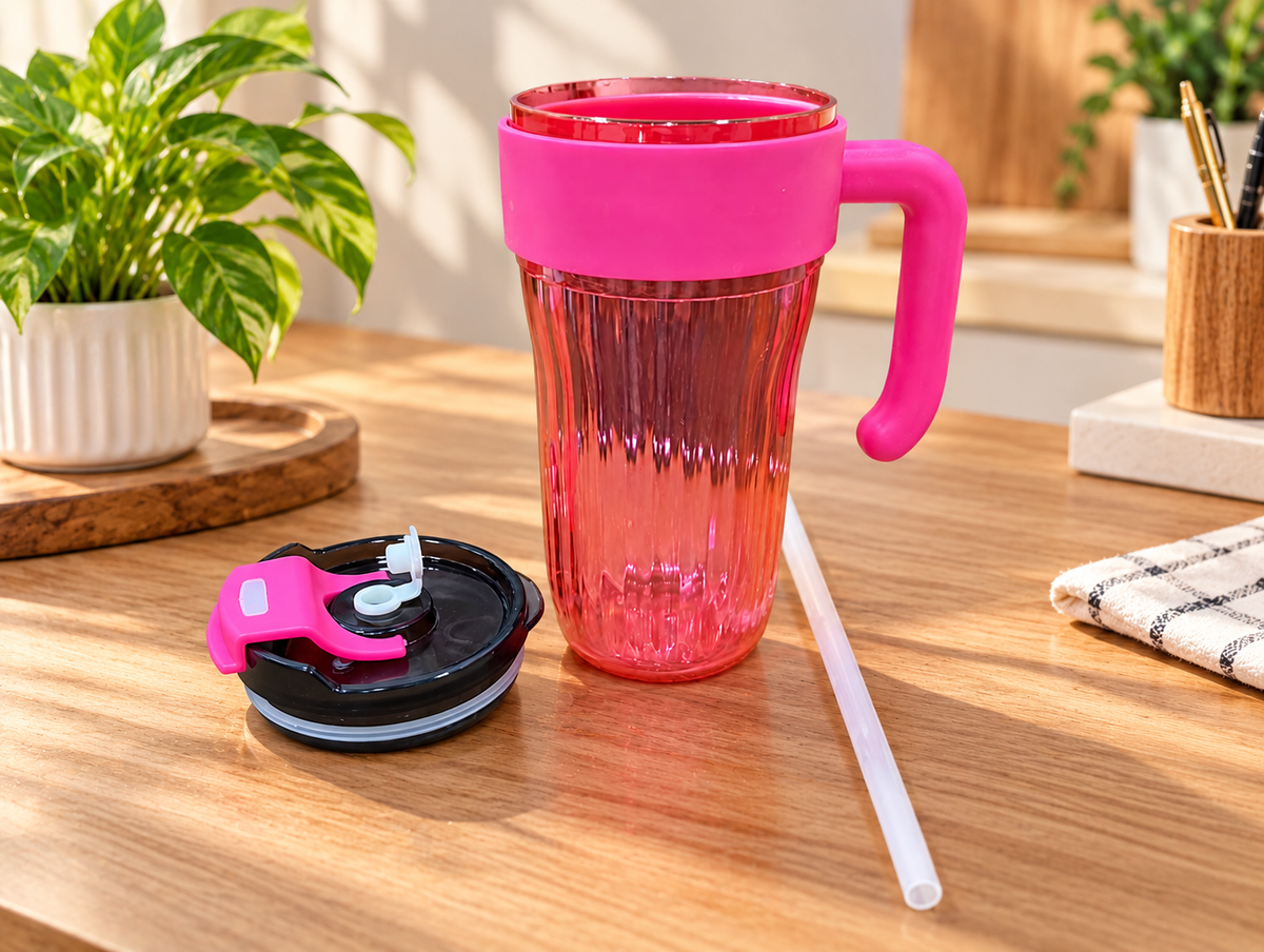 Coffee Cup Pack of 1 | Pink Ribbed Glass Coffee Mug with Handle, Lid & Straw | Stylish Glass Tumbler for Hot & Cold Coffee, Tea, Milkshake, Juice & Beverages