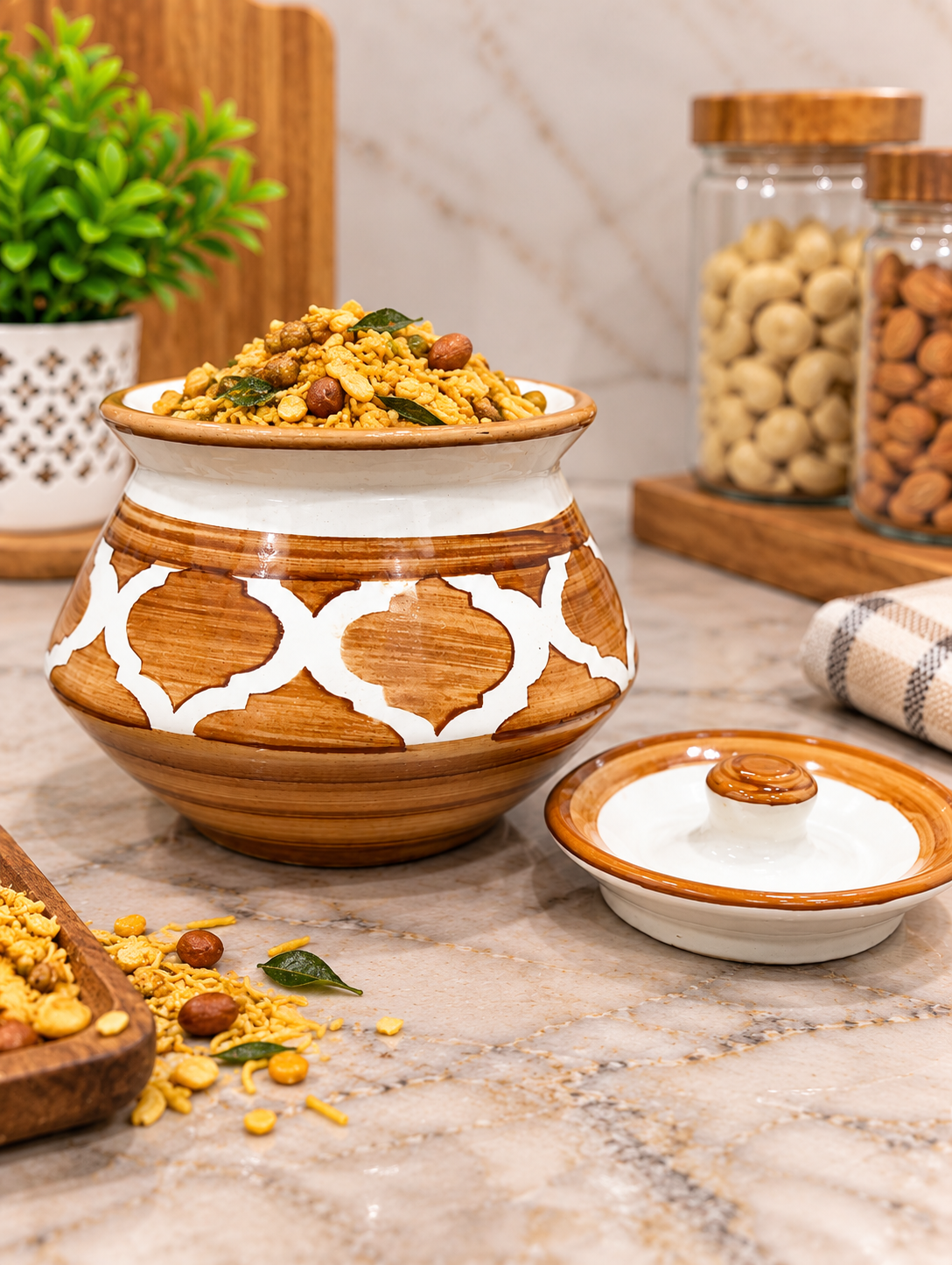Barniwala 200 ML Ceramic Fancy Handi Jar with Lid | Decorative Kitchen Storage Container for Pickle, Achar, Spices, Sugar, Tea, Coffee, Dry Fruits & Snacks | Traditional Handi Style Food Storage Pot
