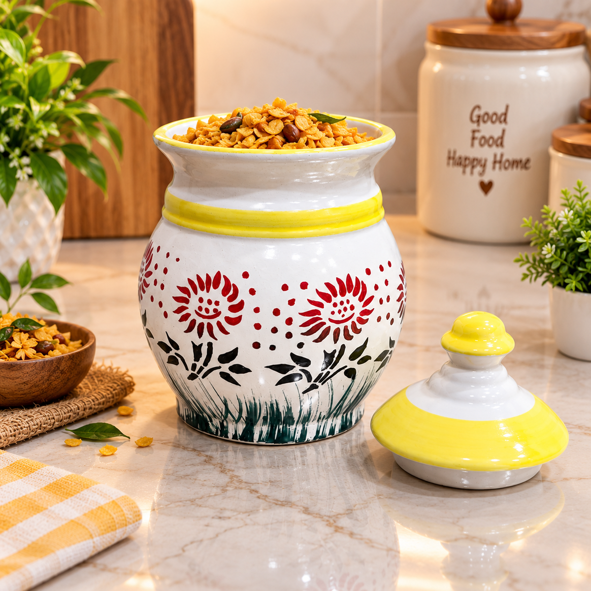 Barniwala 500 ML Ceramic Bulb Storage Jar with Lid | Decorative Kitchen Container for Pickle, Achar, Spices, Sugar, Tea, Coffee, Dry Fruits & Snacks | Stylish Food Storage Canister