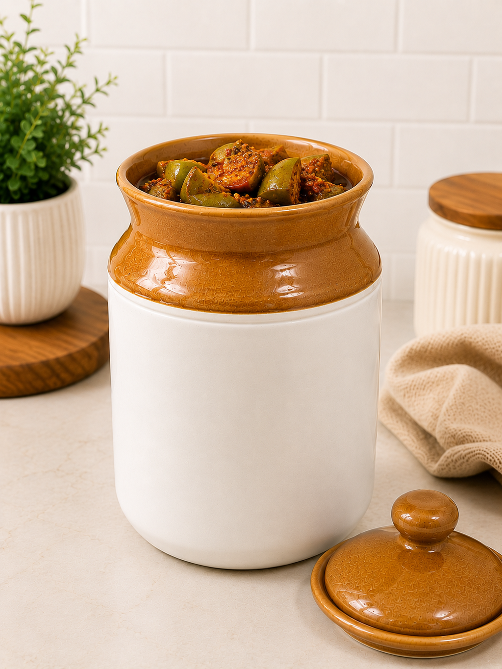 Barniwala 1500 ML Ceramic Cylindrical Storage Jar with Lid | Premium Kitchen Canister for Pickle, Achar, Spices, Dry Fruits, Snacks, Biscuits, Tea, Coffee & Pantry Storage