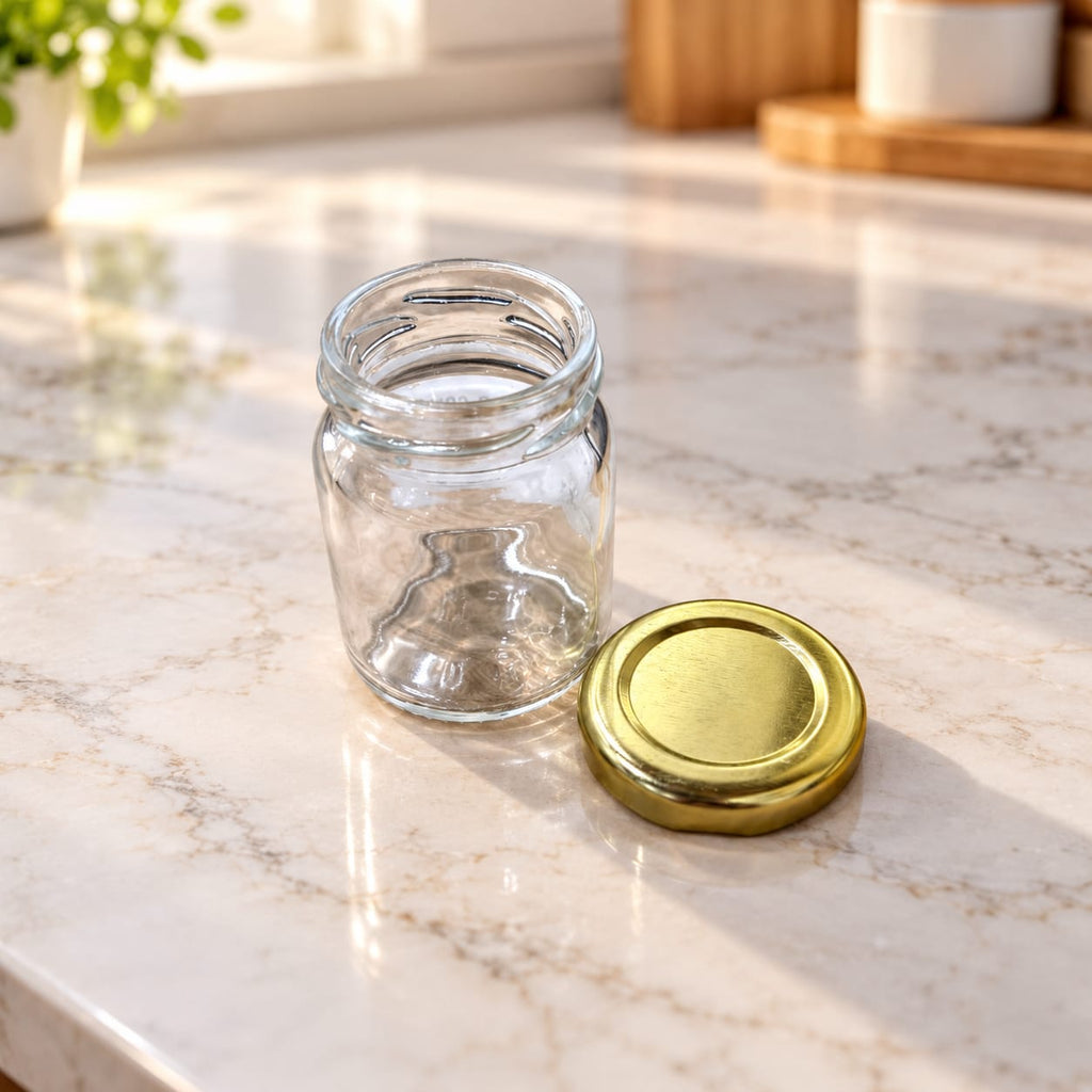 Cylindrical Glass Jar 60 ML with Golden Metal Lid, Set of 12 | Small Clear Glass Storage Jars for Spices, Dry Fruits, Pickles, Honey & Kitchen Storage