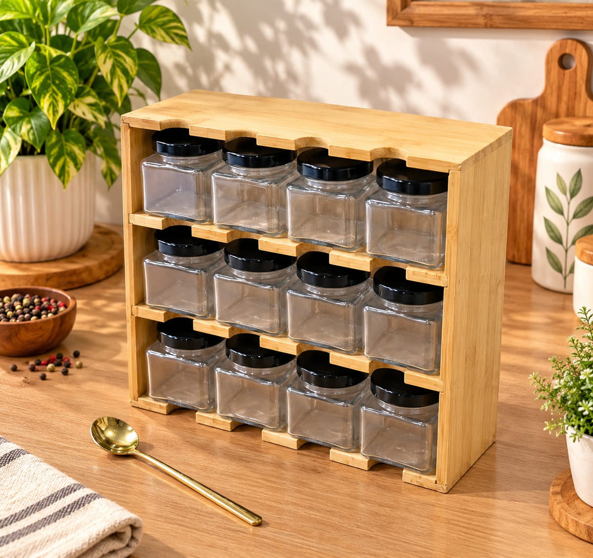 Barniwala 12 Pcs Glass Spice Jar Set with Black Lids & Wooden Spice Rack | Kitchen Masala Organizer | Transparent Spice Containers for Salt, Pepper, Turmeric, Chilli, Herbs & Seasonings