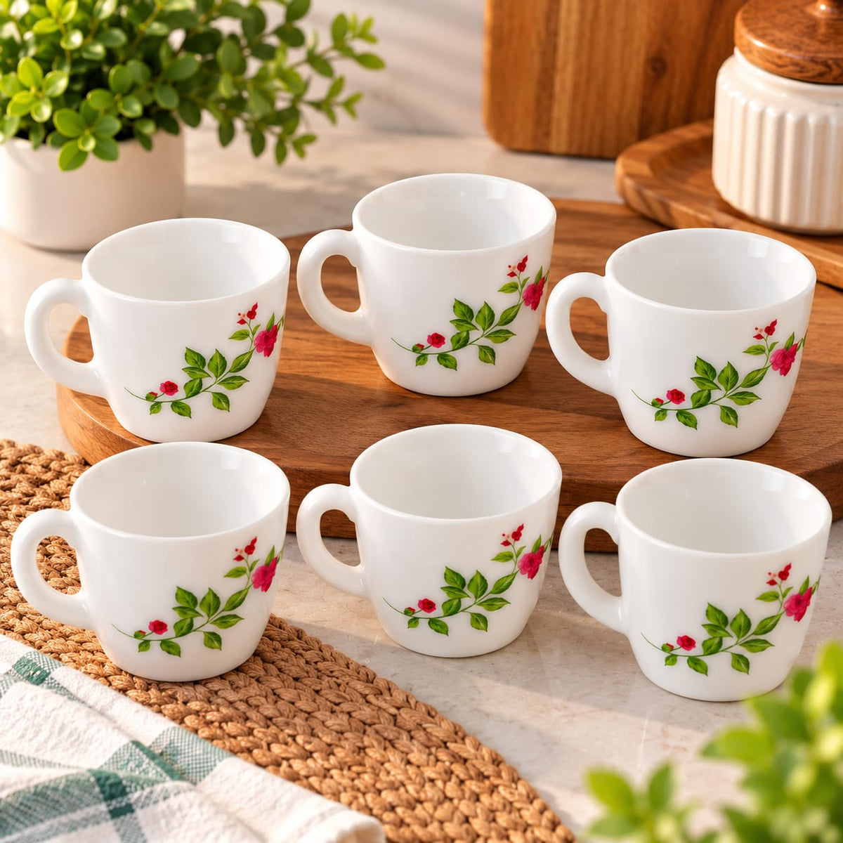 CELLO Ricca Imperial Rose Cup Set of 6, 100 ML | Elegant Floral Printed Tea & Coffee Cups | Stylish Small Cups for Home, Office & Serving