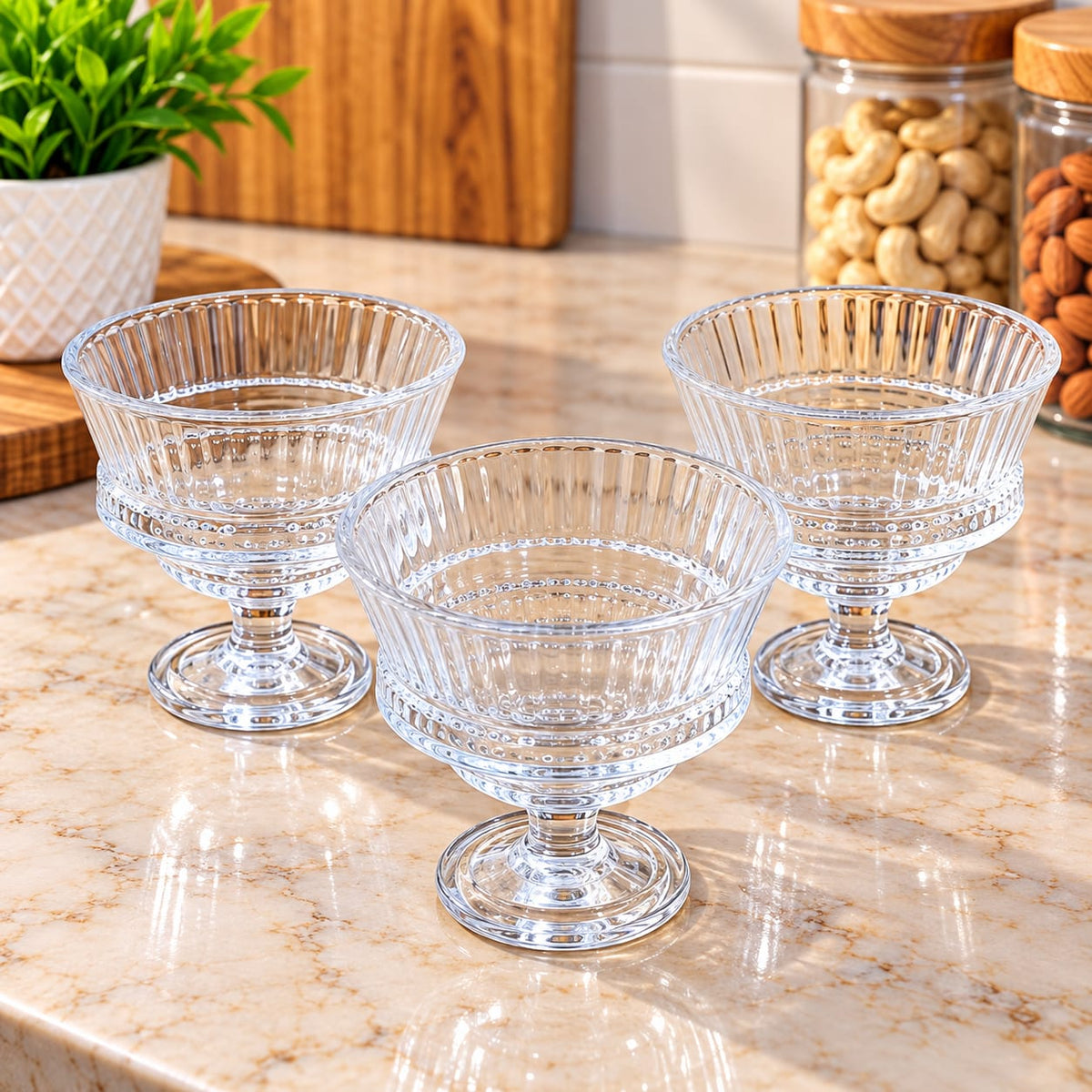 YUJING Glass Ware 260 ML Set of 3 | Premium Dessert Bowls with Footed Design | Transparent Glass Ice Cream Cups for Desserts, Pudding, Fruit, Custard & Snacks