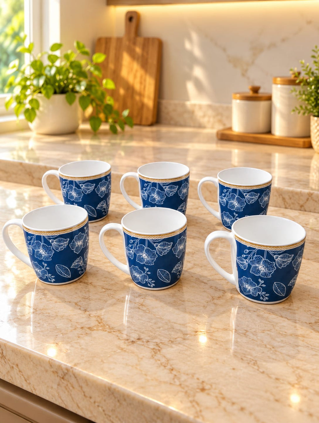 CLAY CRAFT Coffee Mug Set of 6, 300 ML Big Coffee Cups, Tea & Coffee Mugs, Blue Floral Printed Cups for Home, Office & Kitchen