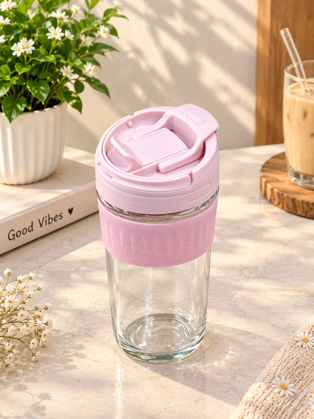Blush Pink Glass Tumbler Pack of 1 | Premium Glass Sipper Cup with Flip Lid & Straw | Stylish Drinking Cup for Water, Juice, Cold Coffee, Milkshake, Smoothies & Mocktails