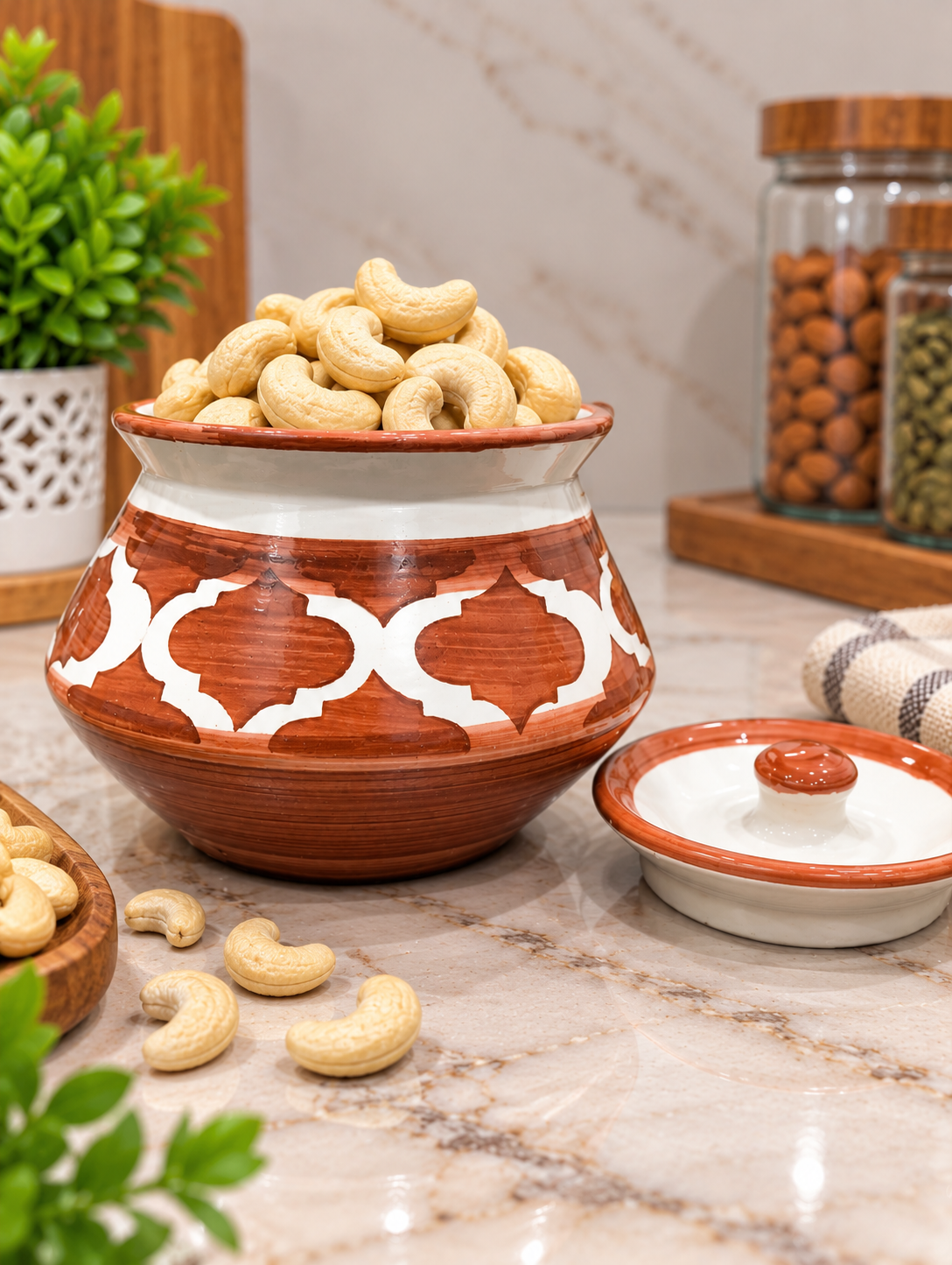 Barniwala 250 ML Ceramic Fancy Handi Jar with Lid | Decorative Kitchen Storage Container for Pickle, Achar, Spices, Sugar, Tea, Coffee, Dry Fruits & Snacks | Traditional Handi Style Storage Pot