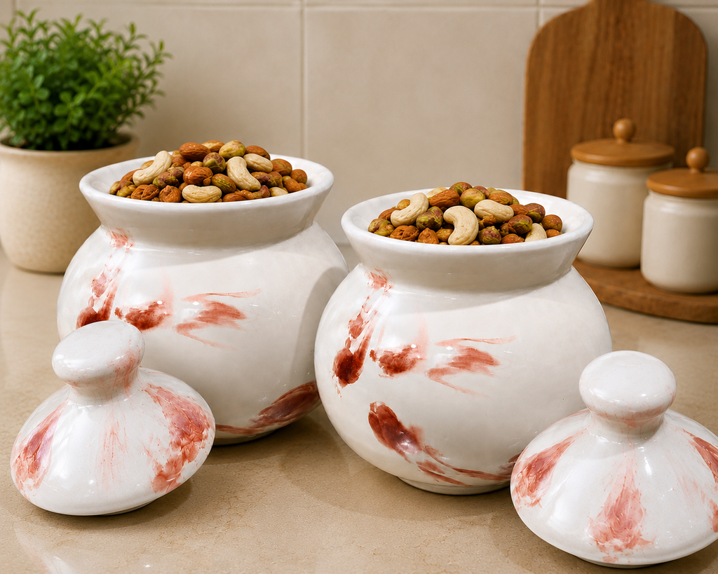 Barniwala 350 ML Ceramic Marbled Handi Storage Jar with Lid | Pack of 2 | Decorative Kitchen Canister for Pickle, Spices, Sugar, Tea, Coffee, Dry Fruits & Snacks