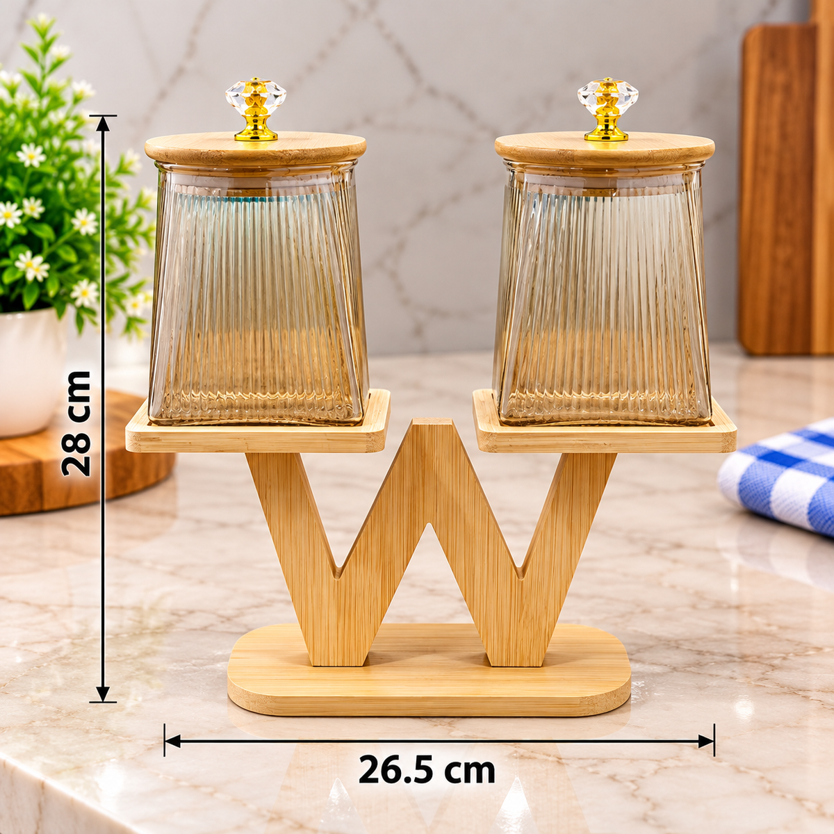 Barniwala Set of 2 Round Heaven & Square Earth Fluted Pattern Glass Storage Jars with Bamboo Lids & Crystal Knobs, Decorative Kitchen Containers for Dry Fruits, Nuts, Snacks & Spices
