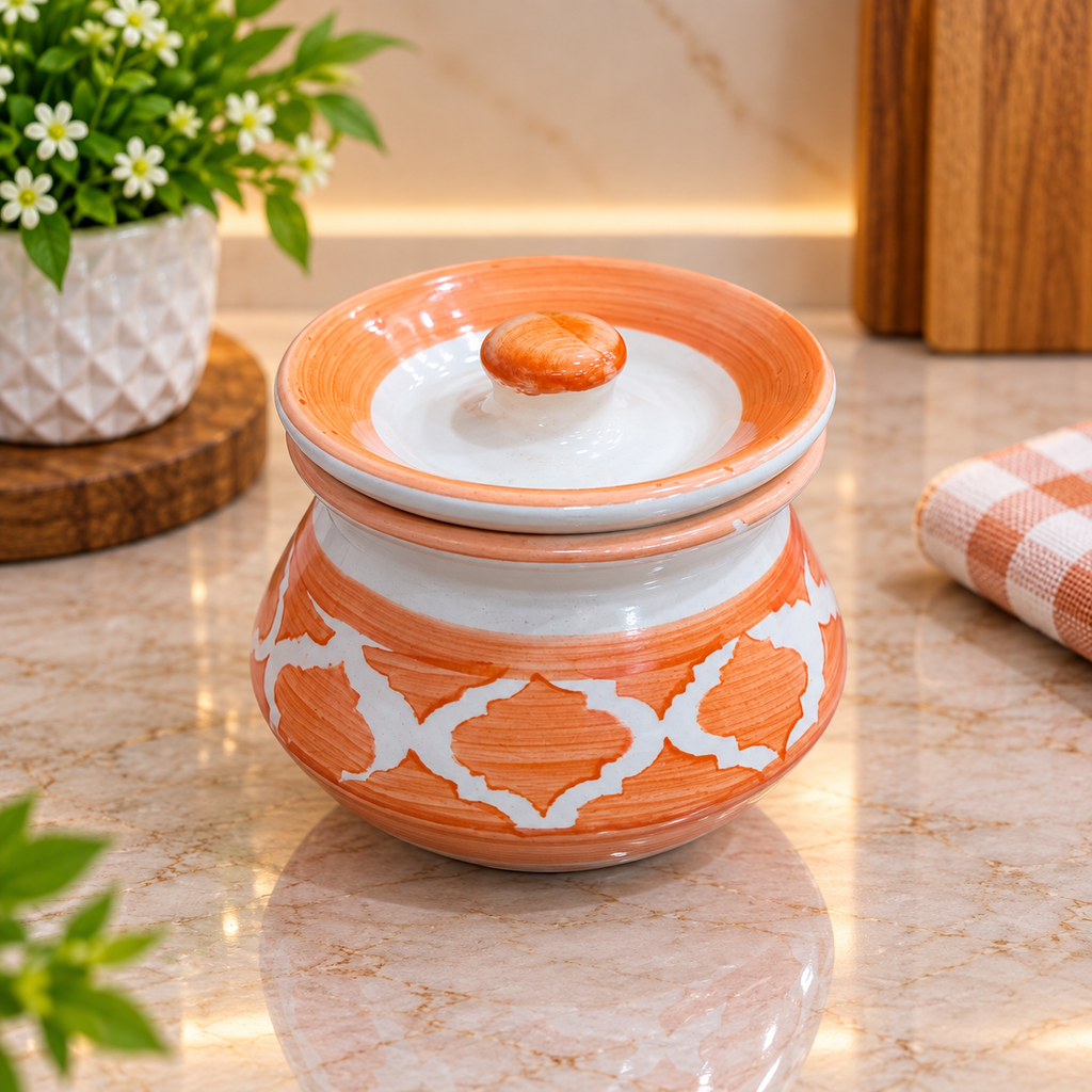 Barniwala 150 ML Ceramic Fancy Handi Storage Jar with Lid, Pack of 4 | Decorative Mini Kitchen Container for Pickle, Achar, Spices, Sugar, Tea, Coffee & Dry Fruits | Traditional Ceramic Food Storage Canister