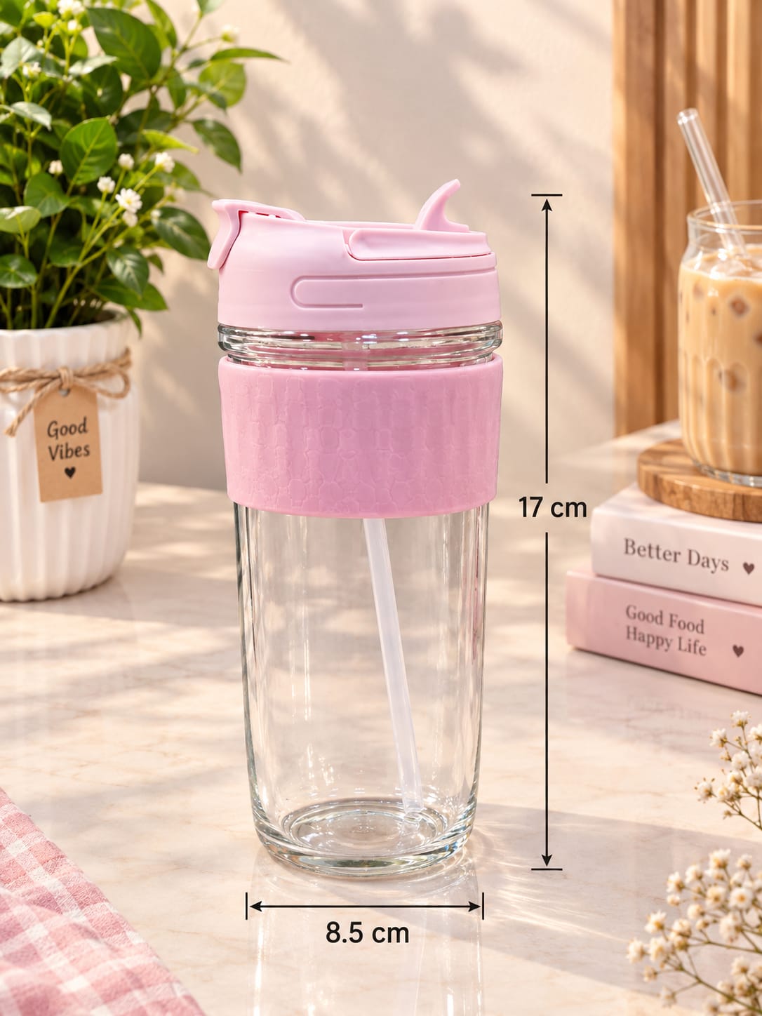 Blush Pink Glass Tumbler Pack of 1 | Premium Glass Sipper Cup with Flip Lid & Straw | Stylish Drinking Cup for Water, Juice, Cold Coffee, Milkshake, Smoothies & Mocktails