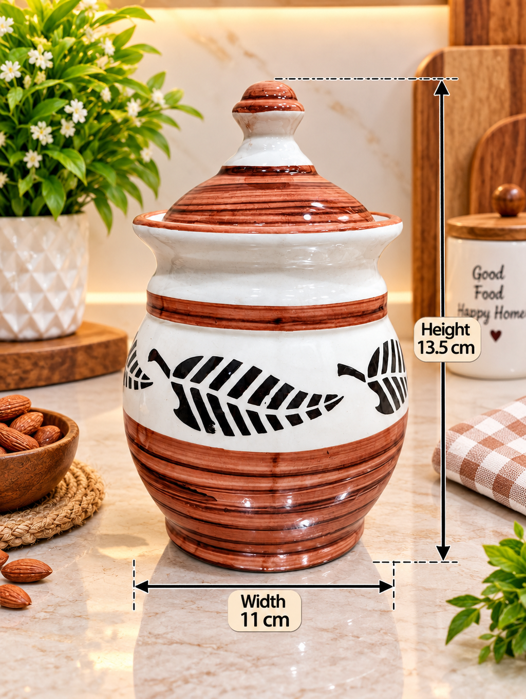 Barniwala 1000 ML Ceramic Bulb Storage Jar with Lid | Large Decorative Kitchen Container for Pickle, Achar, Spices, Sugar, Tea, Coffee, Dry Fruits & Snacks | Stylish Food Storage Canister