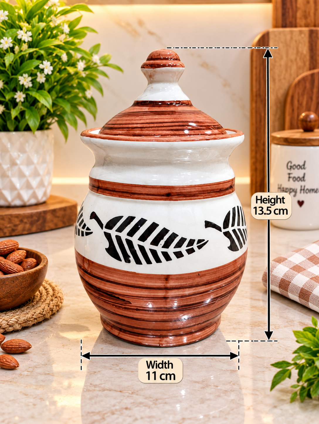 Barniwala 1000 ML Ceramic Bulb Storage Jar with Lid | Large Decorative Kitchen Container for Pickle, Achar, Spices, Sugar, Tea, Coffee, Dry Fruits & Snacks | Stylish Food Storage Canister
