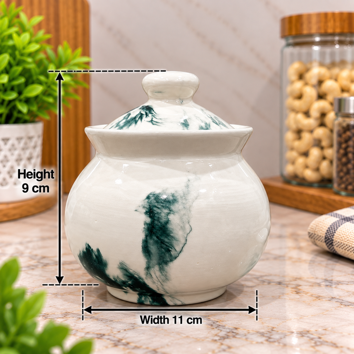 Barniwala 250 ML Ceramic Marble Handi Jar with Lid | Premium Decorative Kitchen Storage Container for Pickle, Achar, Spices, Sugar, Tea, Coffee, Dry Fruits & Snacks | Traditional Handi Style Food Storage Pot