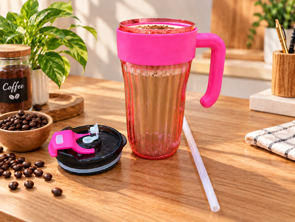 Coffee Cup Pack of 1 | Pink Ribbed Glass Coffee Mug with Handle, Lid & Straw | Stylish Glass Tumbler for Hot & Cold Coffee, Tea, Milkshake, Juice & Beverages