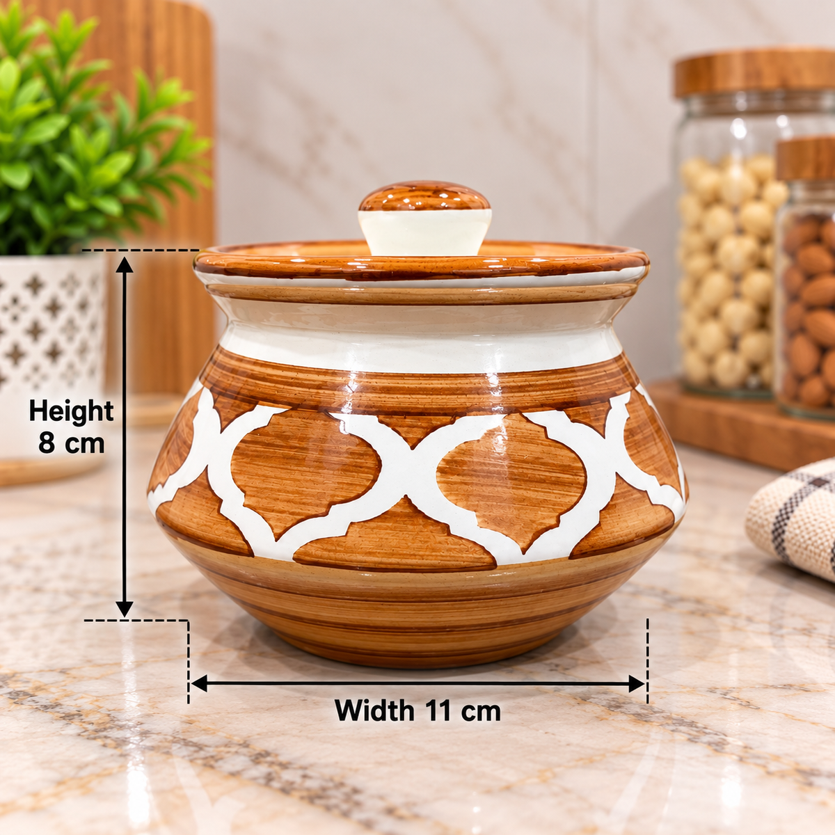 Barniwala 200 ML Ceramic Fancy Handi Jar with Lid | Decorative Kitchen Storage Container for Pickle, Achar, Spices, Sugar, Tea, Coffee, Dry Fruits & Snacks | Traditional Handi Style Food Storage Pot