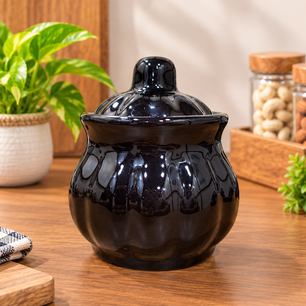 Barniwala 200 ML Ceramic Black Tamatar Loota Storage Jars with Lid | Pack of 6 | Premium Kitchen Containers for Pickle, Achar, Spices, Sugar, Tea, Coffee, Dry Fruits & Snacks | Stylish Pantry Organizer