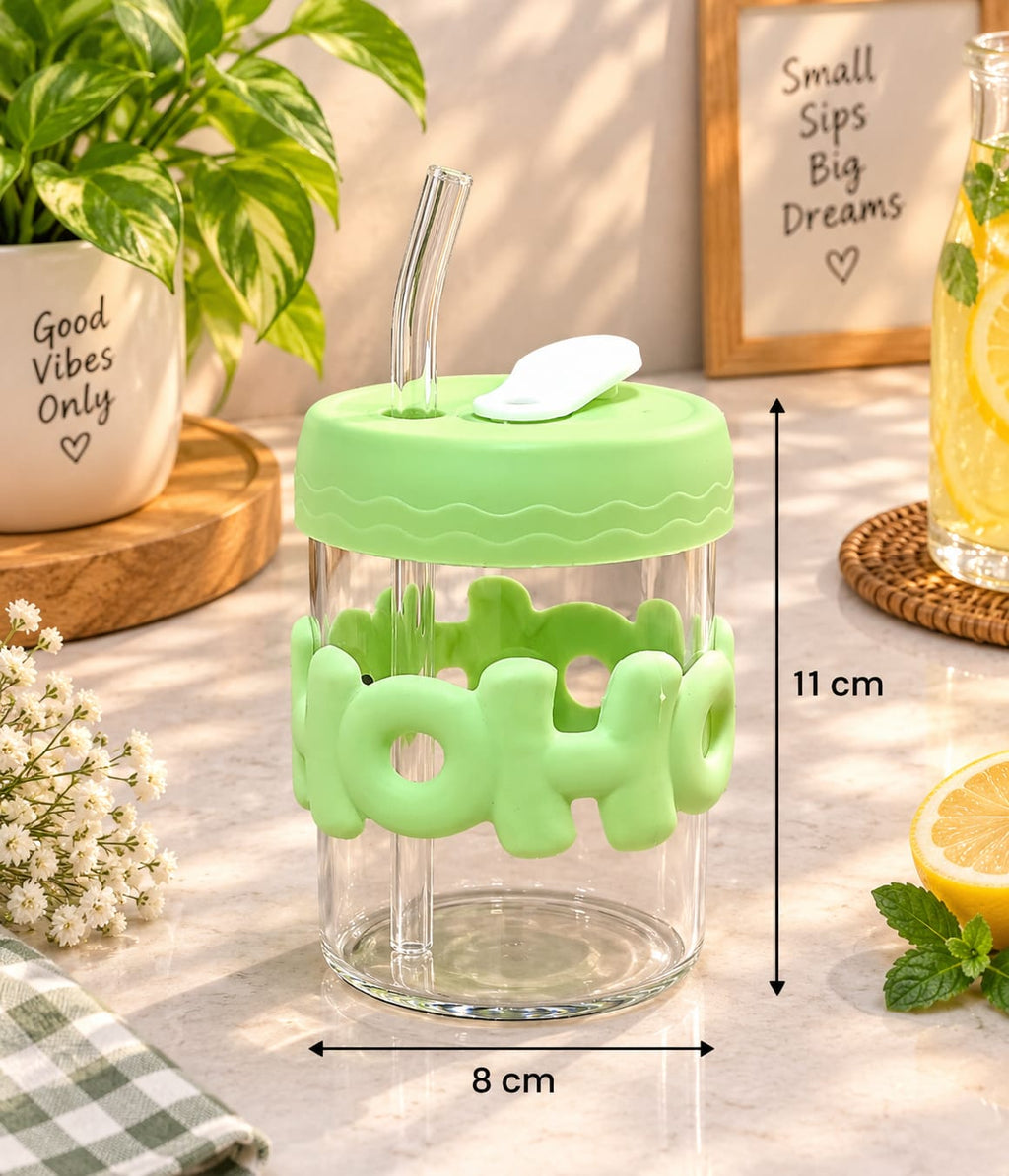 HOHO Glass Sipper with Straw & Lid, Cute Green Cartoon Design Glass Tumbler | Reusable Drinking Cup for Water, Juice, Lemonade, Cold Coffee & Smoothies | Stylish Drinkware for Home, Office & Travel