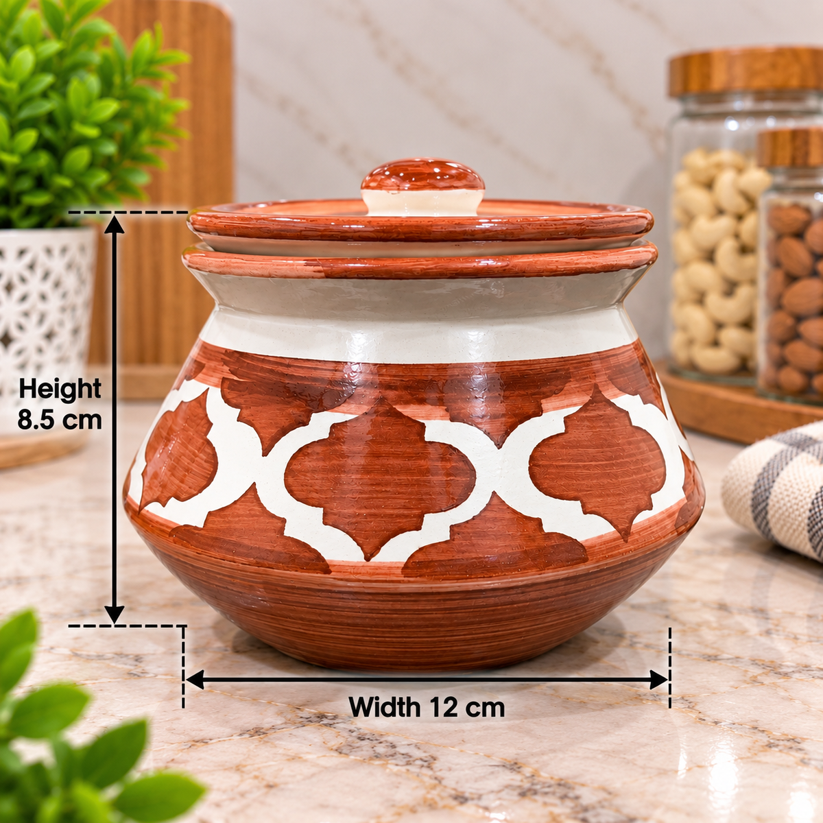 Barniwala 250 ML Ceramic Fancy Handi Jar with Lid | Decorative Kitchen Storage Container for Pickle, Achar, Spices, Sugar, Tea, Coffee, Dry Fruits & Snacks | Traditional Handi Style Storage Pot