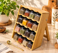 Barniwala 12 Pcs Glass Spice Jar Set with Black Lids & Wooden Spice Rack | Kitchen Masala Organizer | Transparent Spice Containers for Salt, Pepper, Turmeric, Chilli, Herbs & Seasonings