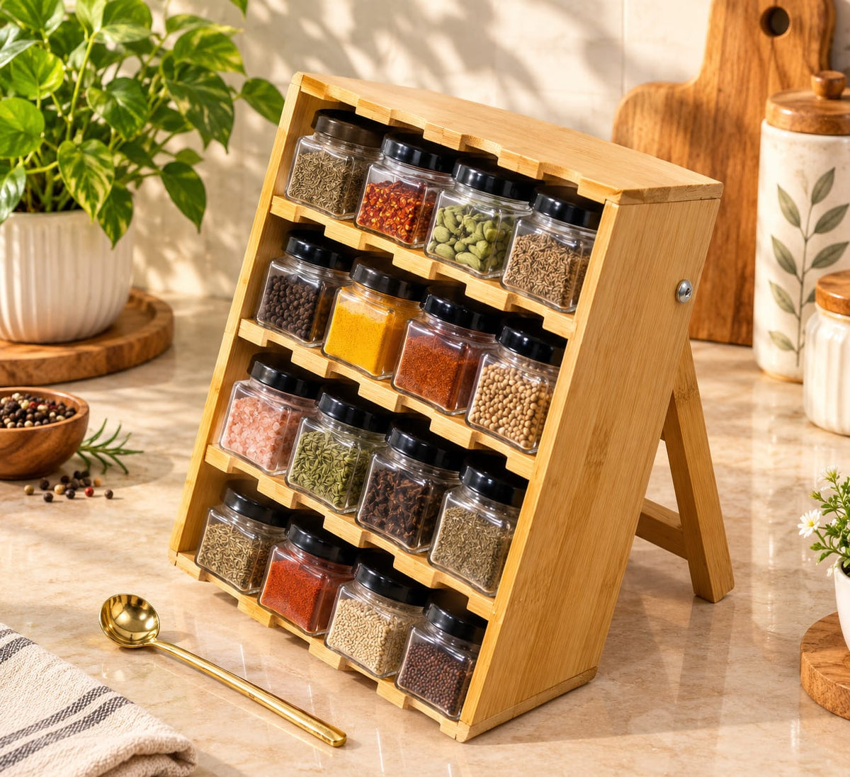 Barniwala 12 Pcs Glass Spice Jar Set with Black Lids & Wooden Spice Rack | Kitchen Masala Organizer | Transparent Spice Containers for Salt, Pepper, Turmeric, Chilli, Herbs & Seasonings