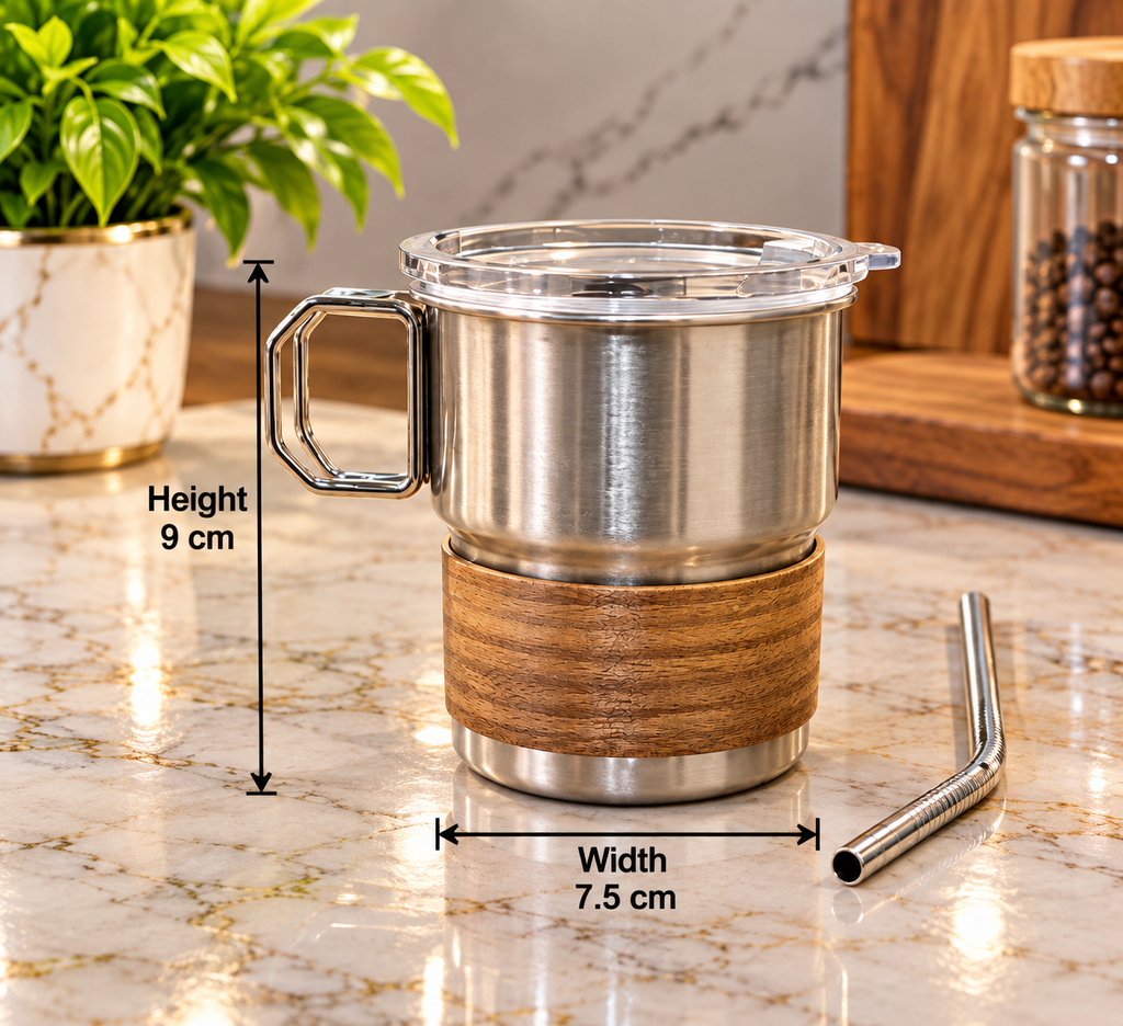 Steel Coffee Cup with Handle, Stainless Steel Coffee Mug with Lid & Straw | Reusable Hot & Cold Beverage Cup for Coffee, Tea, Milk, Juice, Office, Home & Travel