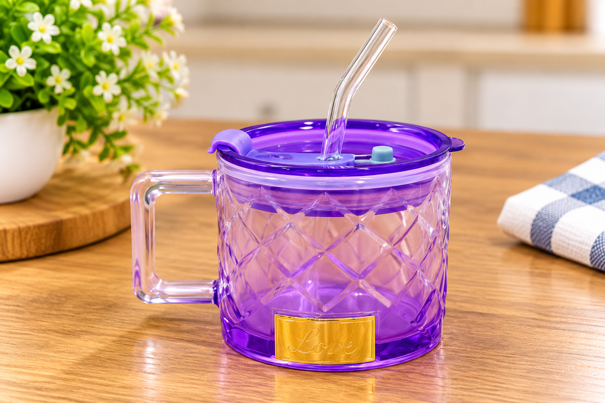 Barniwala Glass Mug with Lid and Straw, Purple Crystal Design Drinking Mug with Handle, Reusable Glass Coffee Tea Juice Mug for Home Office Kitchen