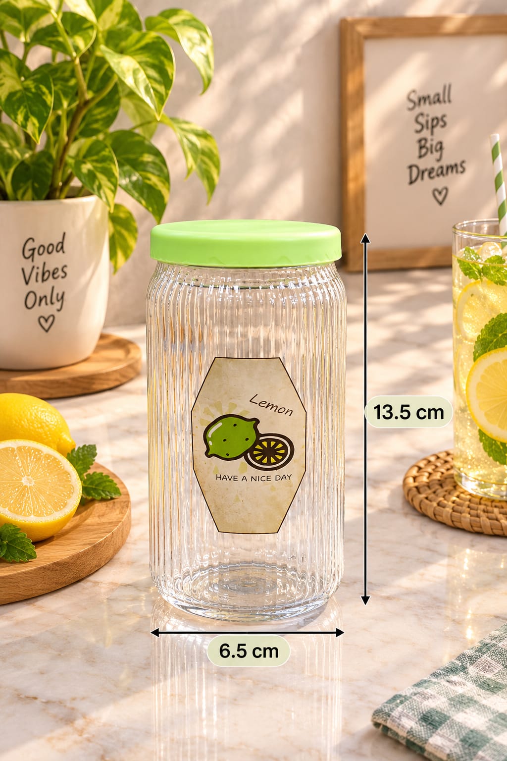 Glass Sipper with Straw, Transparent Ribbed Glass Water Bottle with Green Lid | Reusable Drinking Cup for Juice, Water, Lemonade, Cold Coffee & Beverages | Stylish Home, Office & Travel Drinkware