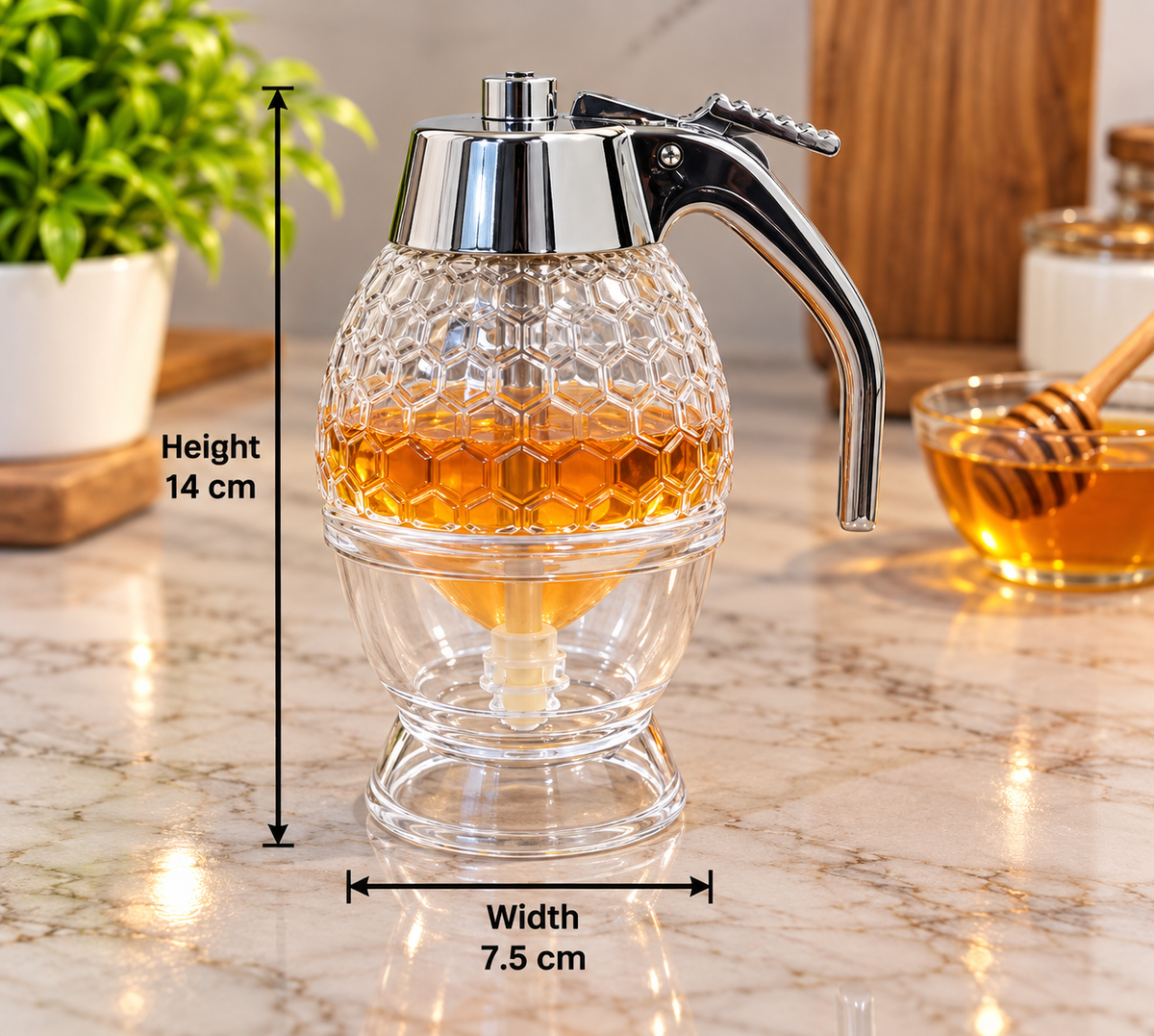 Honey Dispenser with Easy Press Handle, Plastic Honey Pump Dispenser with Honeycomb Design | No-Drip Honey & Syrup Dispenser Bottle for Kitchen, Breakfast, Pancakes, Waffles & Desserts