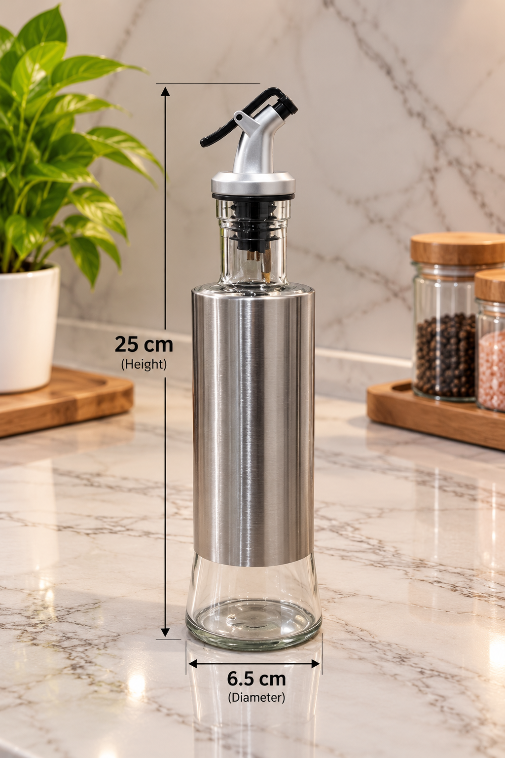 Oil and Vinegar Bottle with Easy Press Pourer, Stainless Steel & Clear Glass Oil Dispenser | Cooking Oil, Vinegar, Sauce & Dressing Bottle for Kitchen, Dining Table & Restaurant