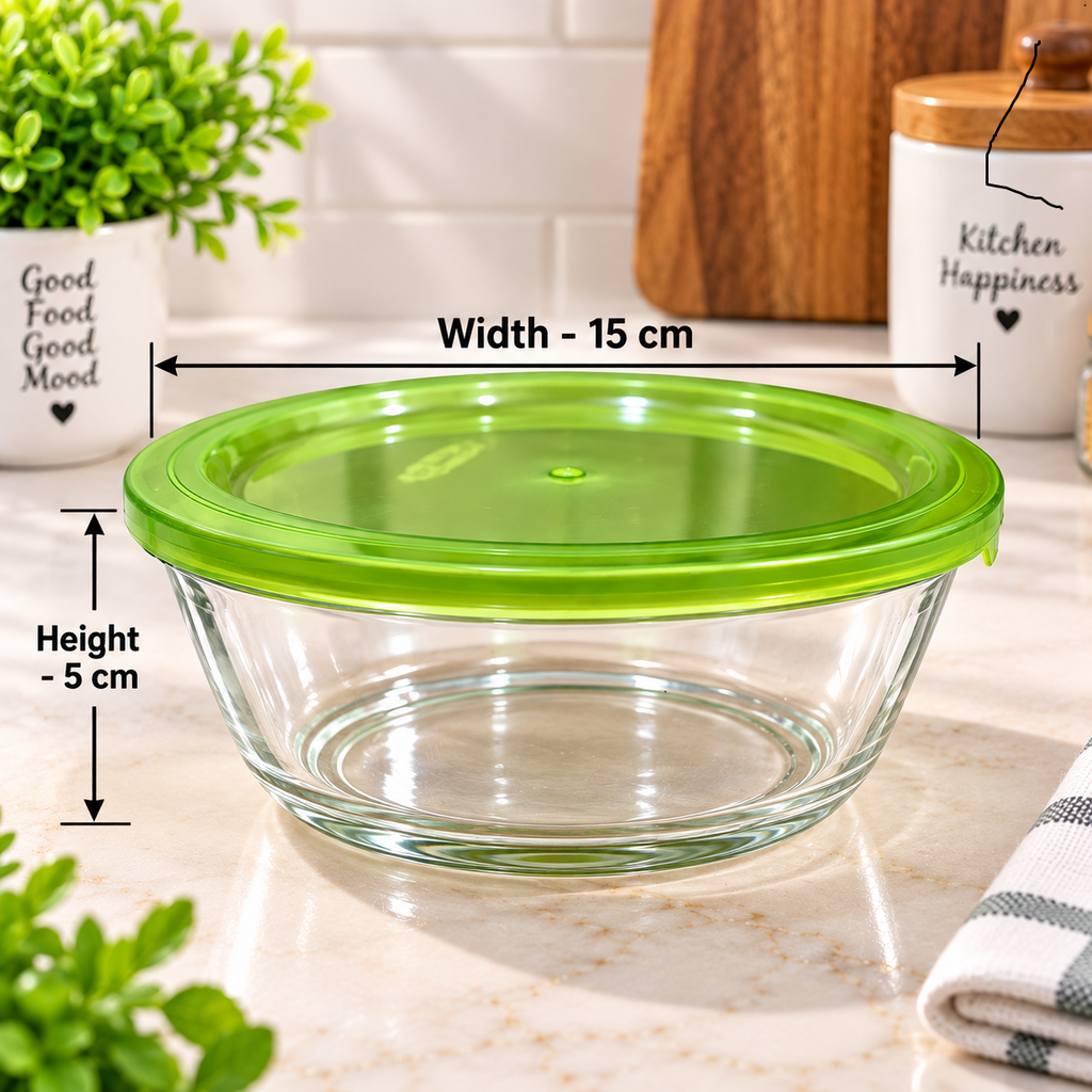 Barniwala Glass Storage Bowls with Green Airtight Lids, Pack of 3 | Transparent Kitchen Containers for Dry Fruits, Nuts, Snacks, Fruits, Leftovers & Food | Multipurpose Refrigerator & Pantry Organizer