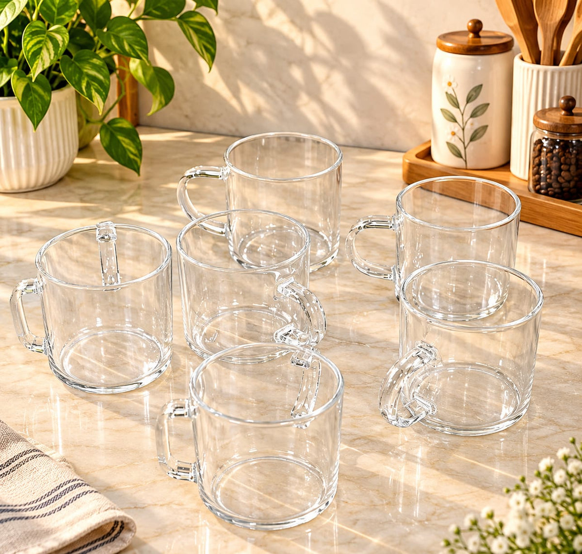 Barniwala Borosilicate Glass Coffee Mugs Set of 6 | Transparent Heat Resistant Glass Cups with Handles | Premium Tea, Coffee, Milk & Beverage Cups for Home, Kitchen, Office & Café