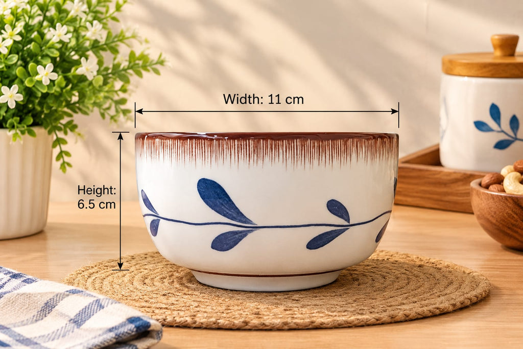 Coral Series Ceramic Bowls & Spoons Set of 9 | Elegant Blue Leaf Pattern Tableware Set | 4 Ceramic Serving Bowls with 4 Spoons & 1 Serving Dish | Breakfast, Snacks, Dessert, Soup & Everyday Dining Set