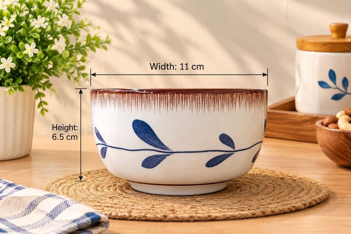 Coral Series Ceramic Bowls & Spoons Set of 9 | Elegant Blue Leaf Pattern Tableware Set | 4 Ceramic Serving Bowls with 4 Spoons & 1 Serving Dish | Breakfast, Snacks, Dessert, Soup & Everyday Dining Set