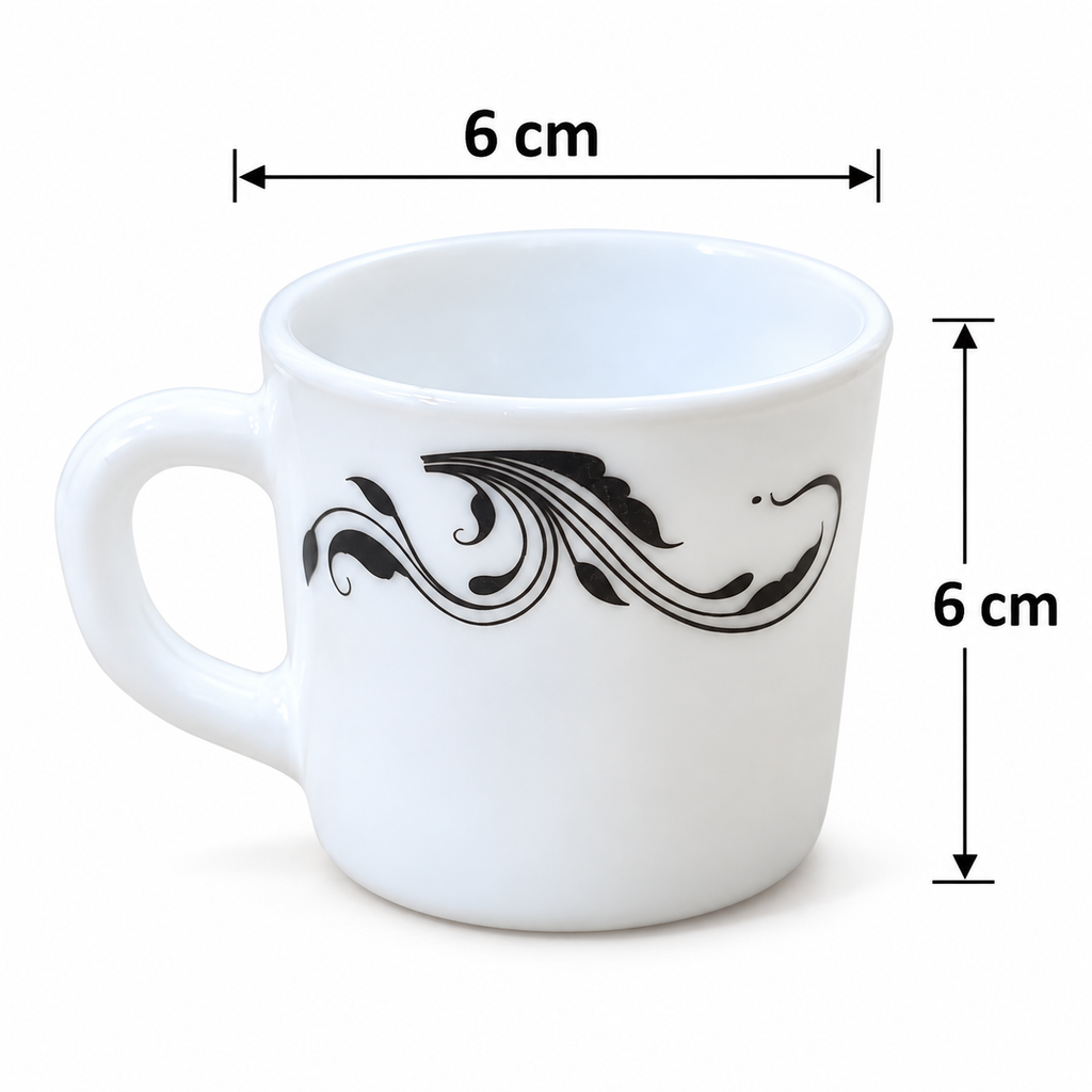 Cello Stella Twirla Cup Set of 6, 100 ML Each | White Printed Tea Cups with Elegant Black Swirl Design | Small Cups for Tea, Coffee, Milk and Beverage Serving
