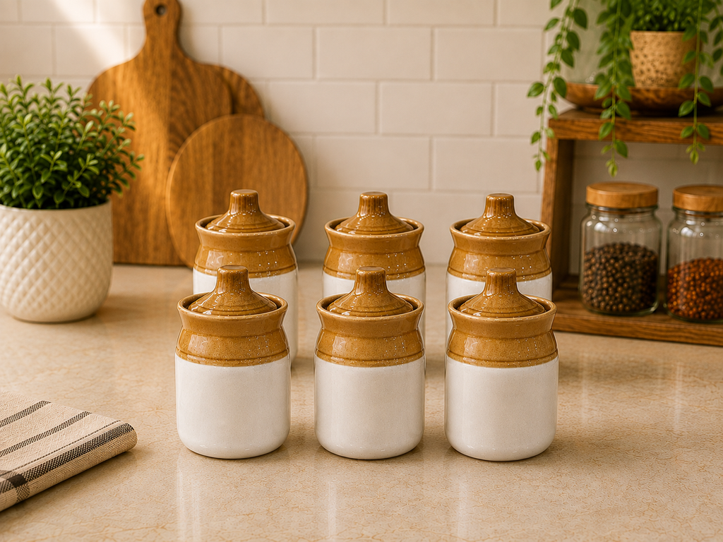Barniwala 150 ML Ceramic Cylindrical Storage Jar with Lid | Premium Mini Kitchen Container for Pickle, Achar, Spices, Sugar, Tea, Coffee, Dry Fruits & Snacks | Stylish Pantry Organizer & Food Storage Canister