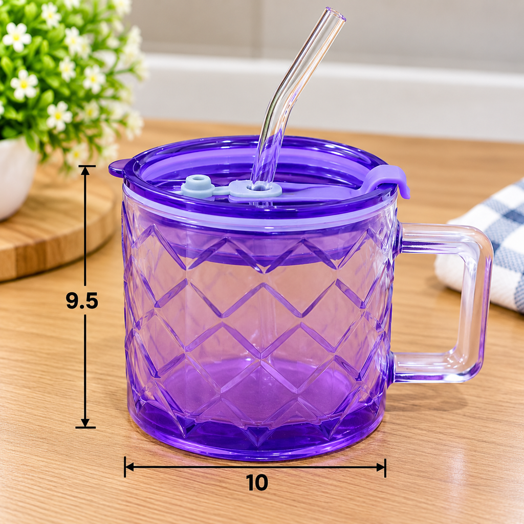 Barniwala Glass Mug with Lid and Straw, Purple Crystal Design Drinking Mug with Handle, Reusable Glass Coffee Tea Juice Mug for Home Office Kitchen