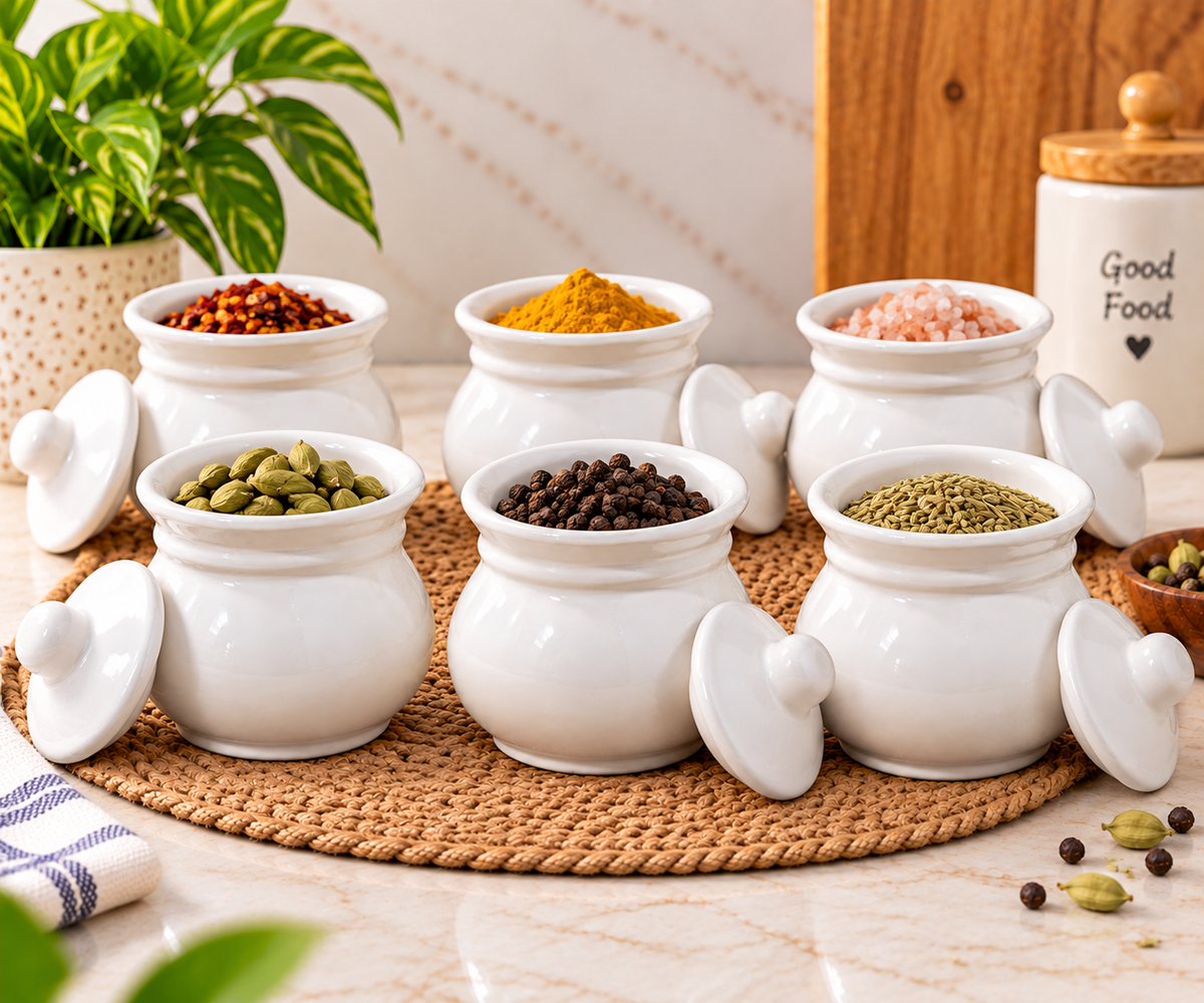150 ML Ceramic Fancy Handi Loota Jar with Lid | Pack of 6| Decorative Multipurpose Storage Container for Kitchen, Spices, Dry Fruits & Condiments | Stylish Ceramic Jar Set