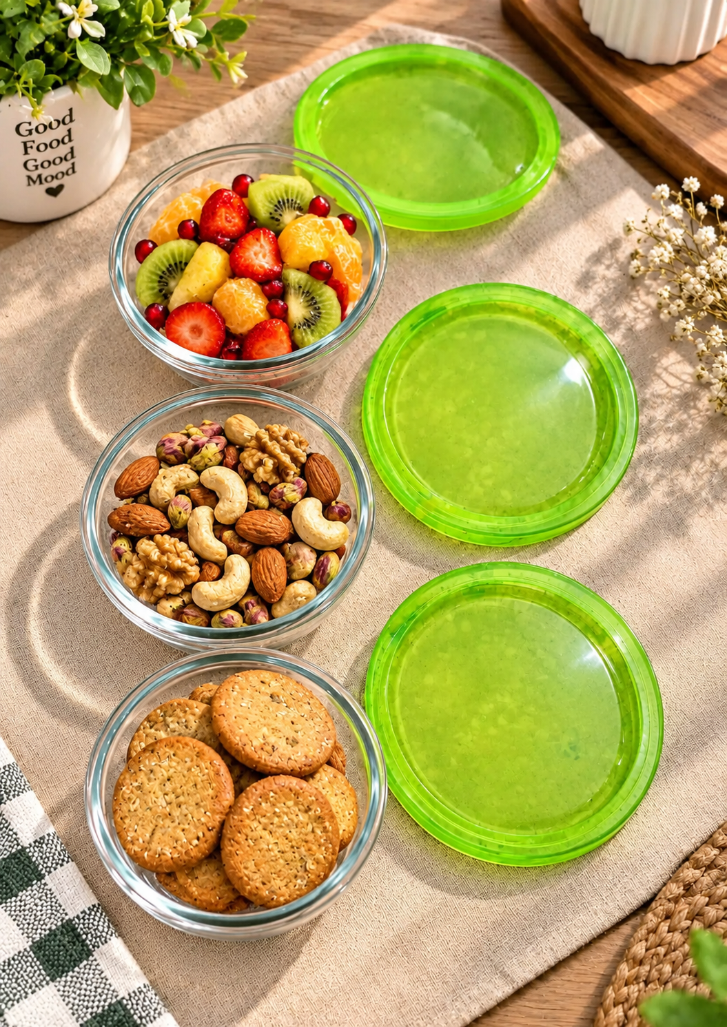 Barniwala Glass Storage Bowls with Green Airtight Lids, Pack of 3 | Transparent Kitchen Containers for Dry Fruits, Nuts, Snacks, Fruits, Leftovers & Food | Multipurpose Refrigerator & Pantry Organizer