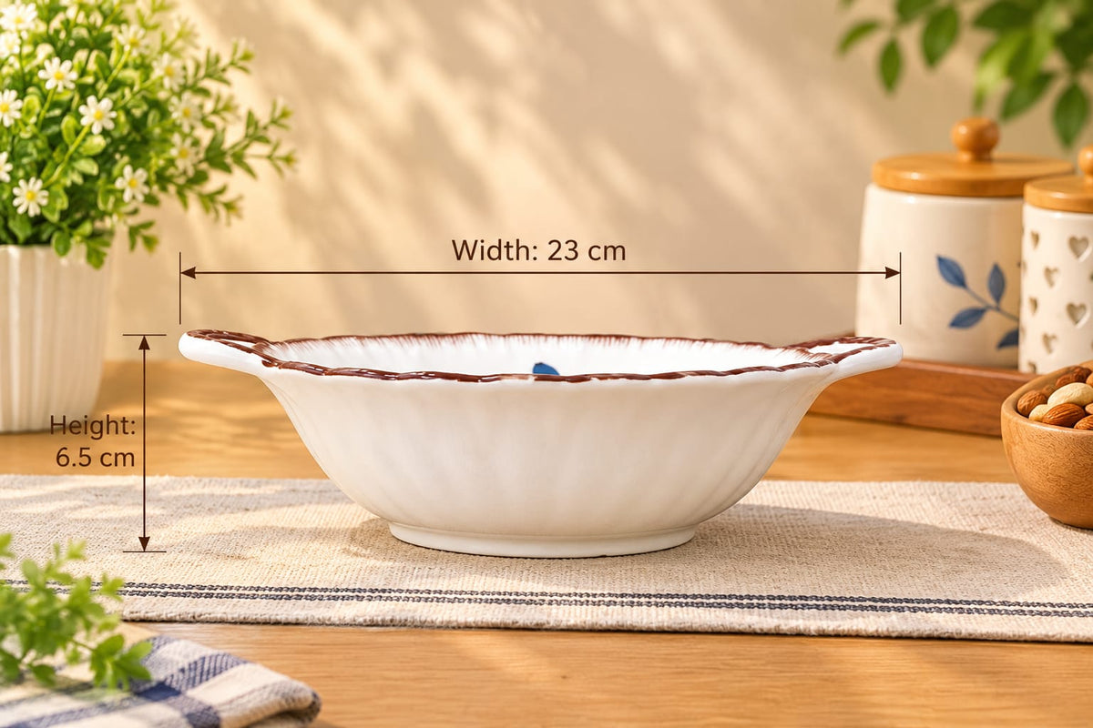 Coral Series Ceramic Bowls & Spoons Set of 9 | Elegant Blue Leaf Pattern Tableware Set | 4 Ceramic Serving Bowls with 4 Spoons & 1 Serving Dish | Breakfast, Snacks, Dessert, Soup & Everyday Dining Set